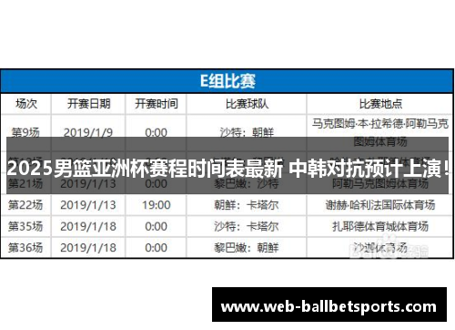 2025男篮亚洲杯赛程时间表最新 中韩对抗预计上演！