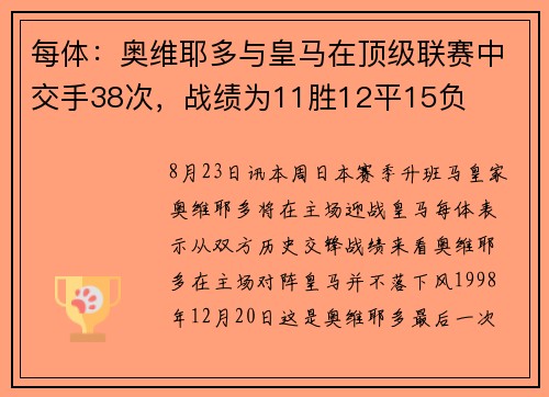 每体：奥维耶多与皇马在顶级联赛中交手38次，战绩为11胜12平15负